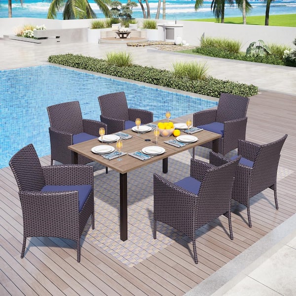 PHI VILLA Black 7-Piece Metal Patio Outdoor Dining Set with Wood-Look Rectangle Table and Rattan Chairs with Blue Cushion