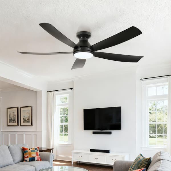 52 in Modern Black 6 Speeds Black Standard Flush Mount Ceiling Fan with 3- Color Dimmable LED Light, APP and Remote