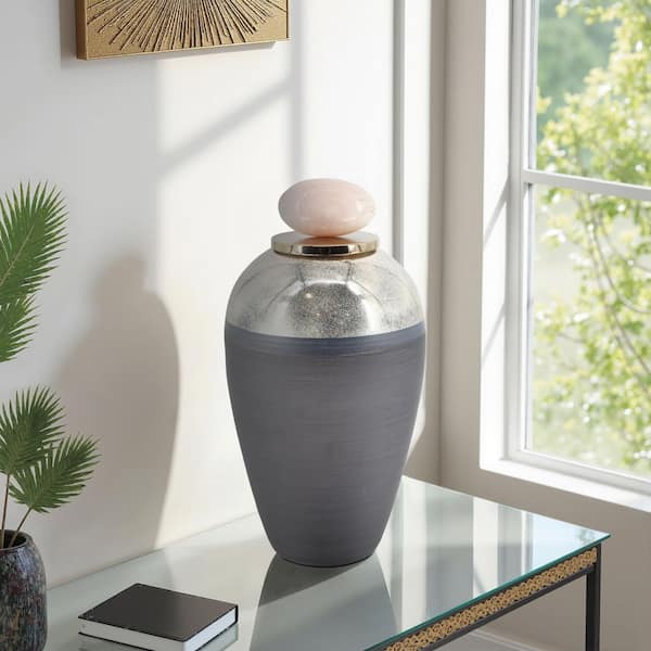 Liv & Skye 17 in. Gray/Ivory Glass Vase 2-Tone with Top