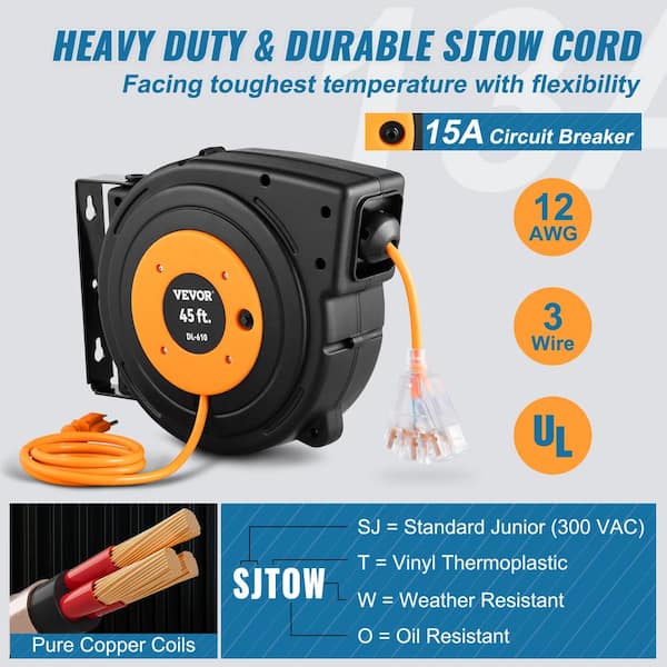 VEVOR Retractable Extension Cord Reel 45 ft. 15 Amp 12AWG/3C SJTOW Power  Cord w/ Lighted Outlet 180° Bracket Wall Mount Black SSSJXQMC45FT164EXV1 -  The Home Depot