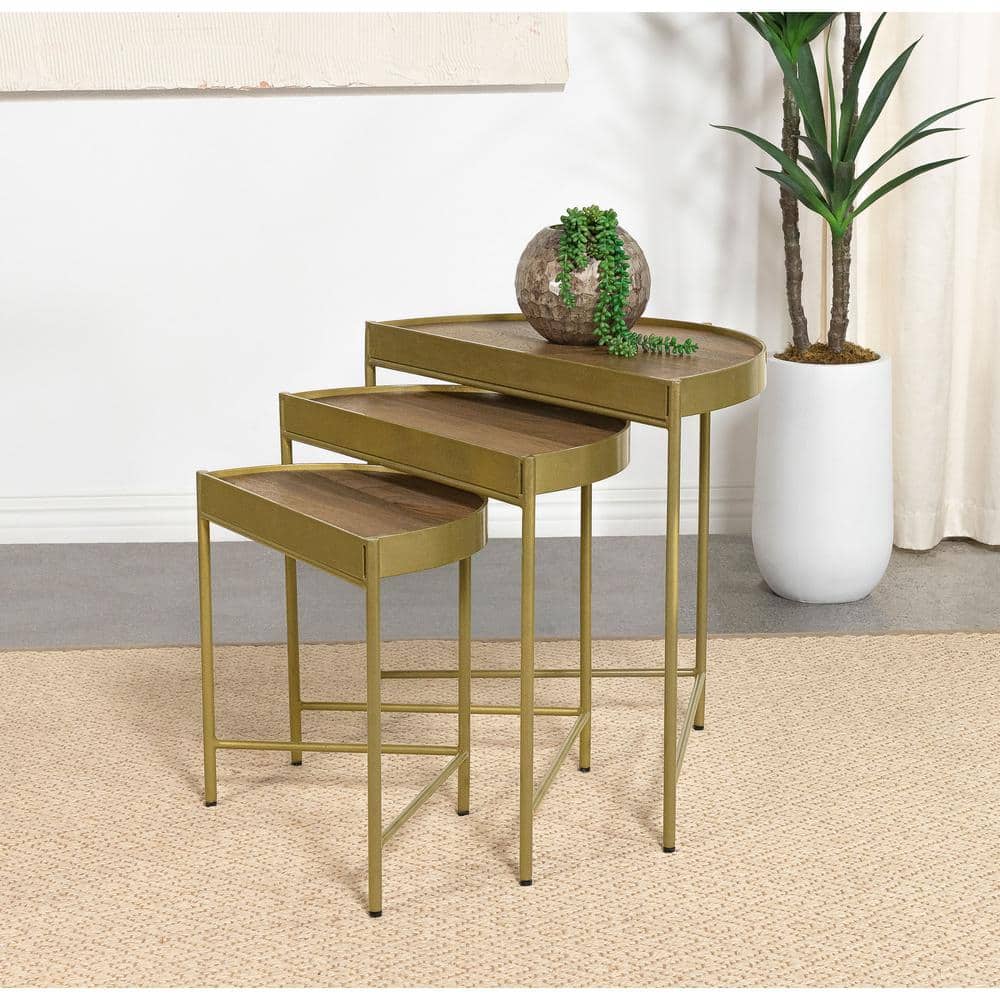 Tristen Brown and Gold Half-Moon Wood and Metal Nesting Tables