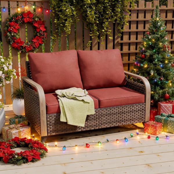 Brown 1-Piece Wicker Rattan Outdoor Patio Loveseat with Red Cushions