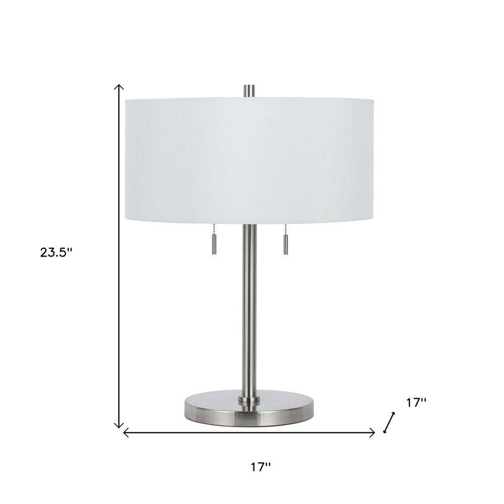 24" Nickel Metal Two Light Table Lamp with White Linen Shade