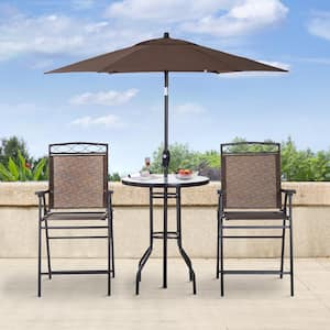 4-Piece Brown Steel Outdoor Dining Set, 2 Folding Chairs, Adjustable Angle Umbrella, Wave Textured Tempered Glass Dinner