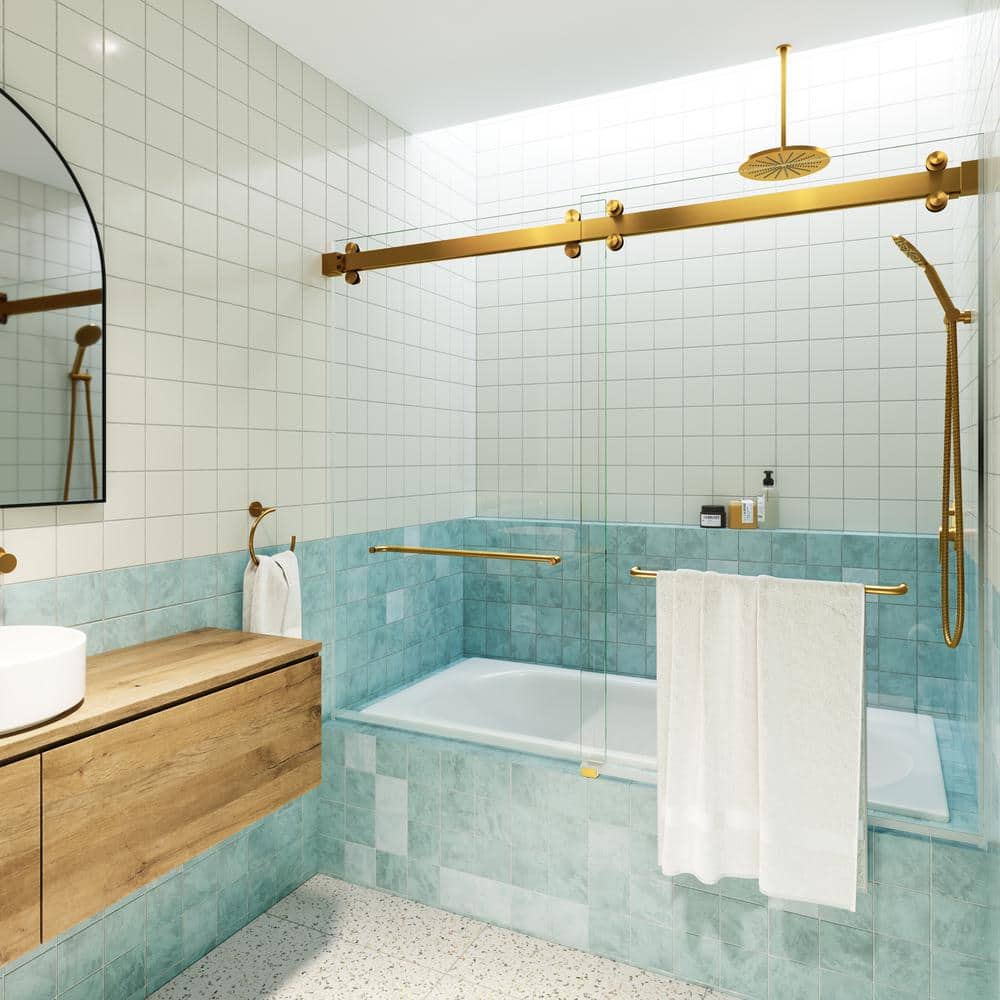 Polaris 60 in. Satin Brass Frameless Sliding Bathtub Door