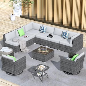 Messi Grey 10-Piece Wicker Outdoor Patio Conversation Sofa Seating Set with Swivel Rocking Chairs and Grey Cushions