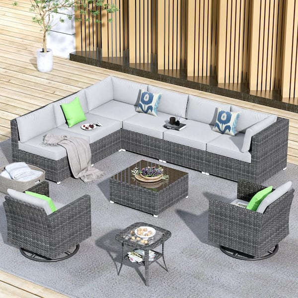HOOOWOOO Messi Grey 10-Piece Wicker Outdoor Patio Conversation Sofa Seating Set with Swivel Rocking Chairs and Grey Cushions