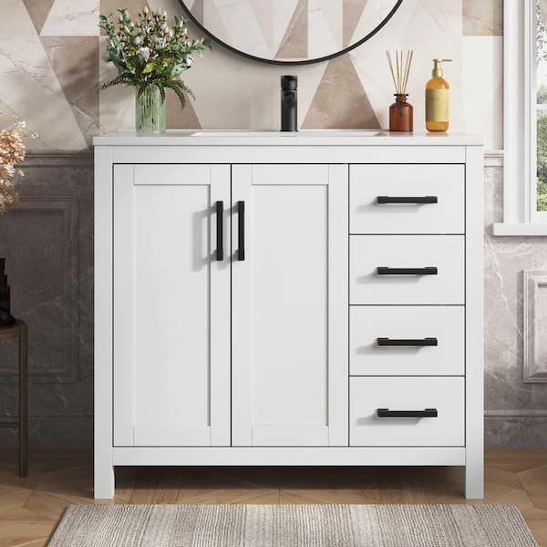 Raven 37 in. Single Sink White Bath Vanity with White Engineered Solid Surface Top and 4 Drawers (Unassembled)