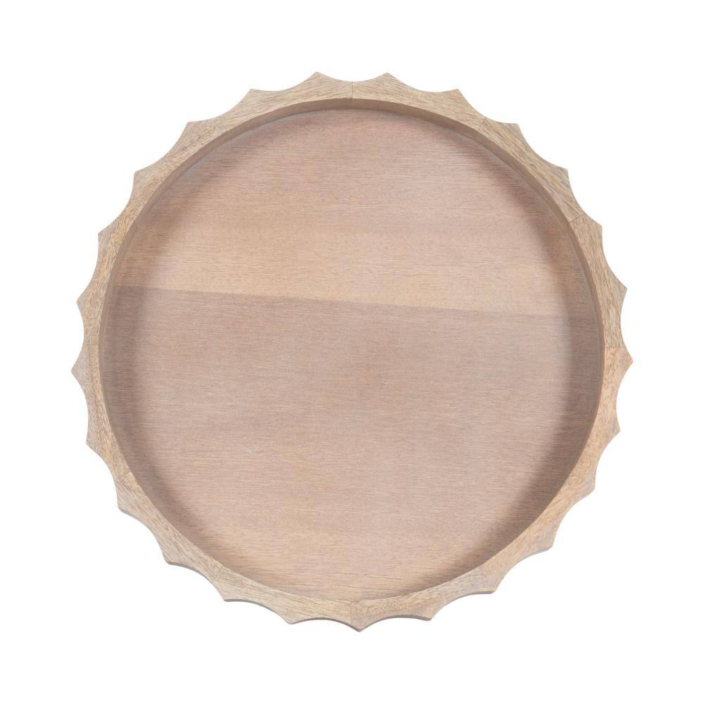 Natural Mango Wood Round Tray with Wavy Design, 15 Inch