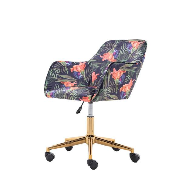 Boyel Living Chic Modern Gray Flower-Print Swivel Velvet Fabric Task Chairs with Adjustable Arms and 4 Gold Metal Legs