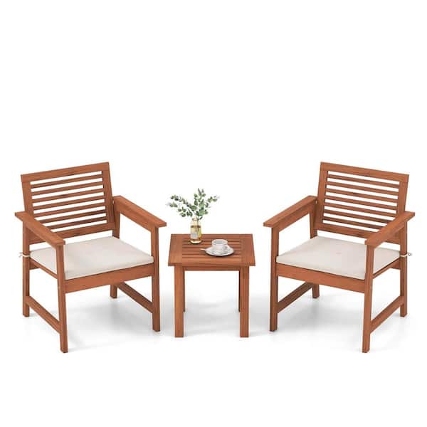 Costway Natural 3-Piece Wood Patio Conversation Set with 2 White Seat Cushions