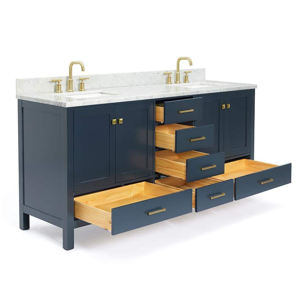 Midnight Blue Double Sink Vanity with White Marble Top