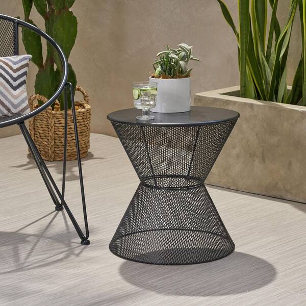Black Metal 18.25 in. H Functional Outdoor Side Table with Breezy