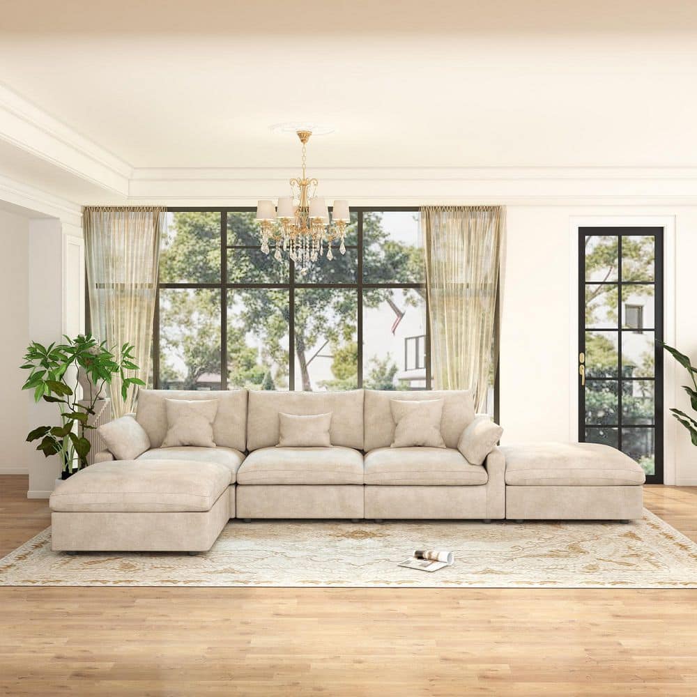 156 in. Square Arm 5-Piece Linen Down Deep Seat Flexible Modular Sectional Sofa with Ottoman, Removable Cover in Brown
