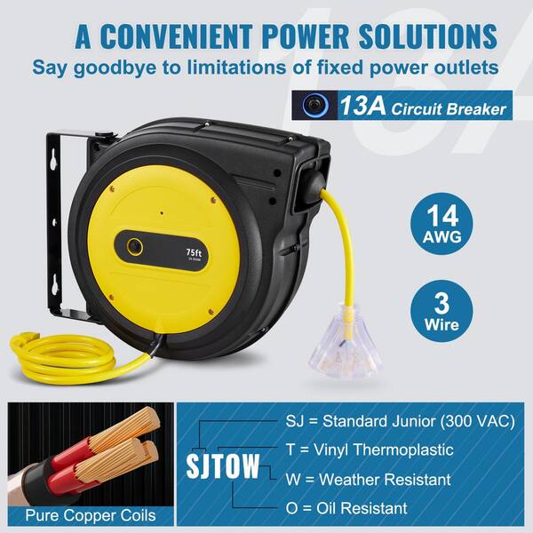 thumbnail interactive-video image 1 of Uimoso Retractable Extension Cord Reel – 75 FT, 14AWG/3C SJTOW, Wall/Ceiling Mount, 13A Overload 1 of 4