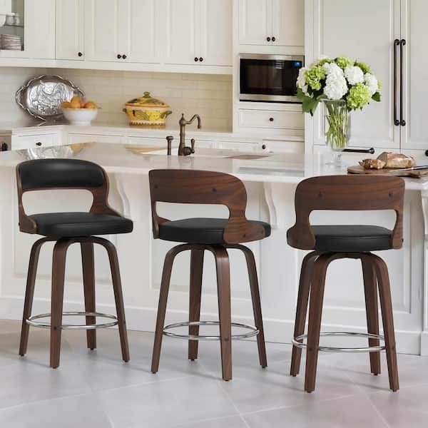 Edwards 26 in.Modern Black Faux Leather Swivel Bar Stool with Solid Walnut Wood Frame Bentwood Counter Stool Set of 3