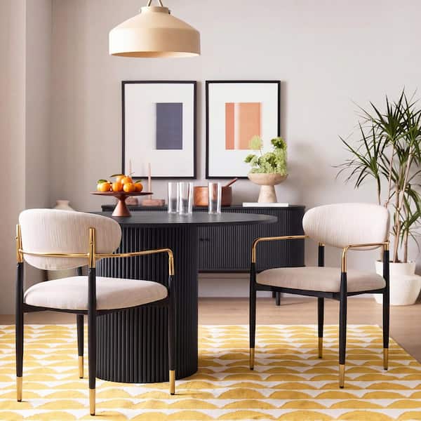 Modern Black and Gold and Walnut Fabric Metal Frame, Upholstered Back, Dining Chair (Set of 2)