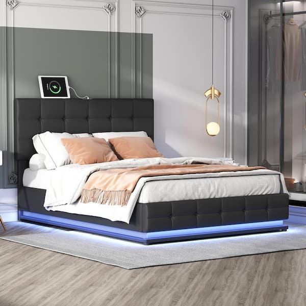 Harper & Bright Designs Black Wood Frame Queen Size Tufted PU Upholstered Storage Platform Bed with LED Lights and USB charger