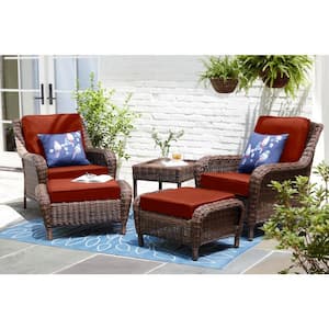 Cambridge Brown Wicker Outdoor Patio Ottoman with CushionGuard Quarry Red Cushions