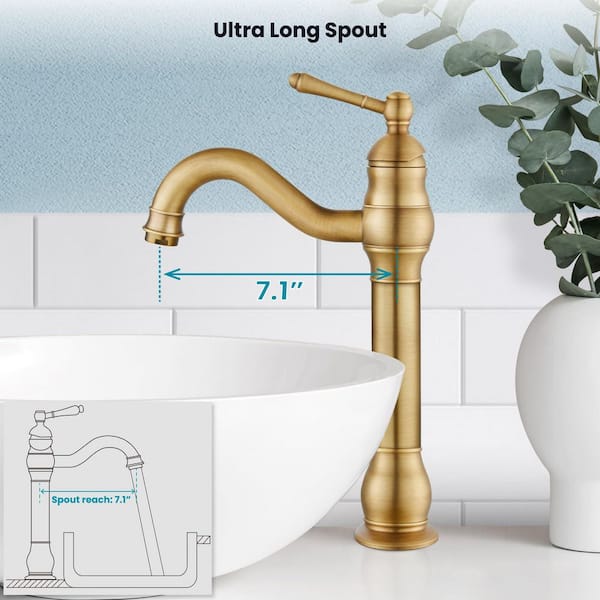 Single-Handle Single Hole Swivel Spout Bathroom Vessel Sink Faucet With Pop-up Drain Assembly in Antique Brass