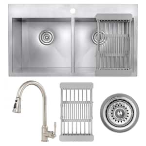 Handmade All-in-One Topmount Stainless Steel 33 in. x 22 in. Drying Rack with Pull-down Faucet Double Bowl Kitchen Sink