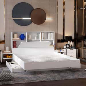 White Wood Frame Queen Size Bed Panel Bed Floating Bed With 4 Drawers, 2 Nightstands, Bookcase Headboard, Sockets, USB