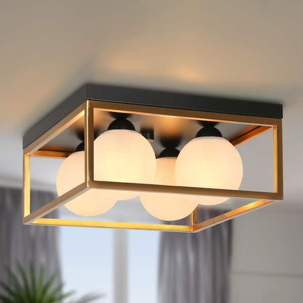 Modern 14 in. 4-Light Brass Flush Mount Light with Globe Frosted Glass Shade, Rustic Black Square Foyer Ceiling Lamp