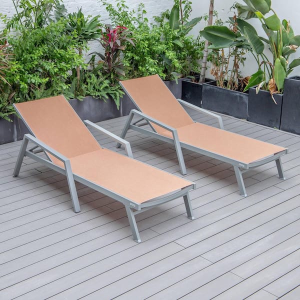 Leisuremod Grey Powder Coated Aluminum Frame Marlin Modern Patio Chaise Lounge Arm Chair with Light Brown (Set of 2)