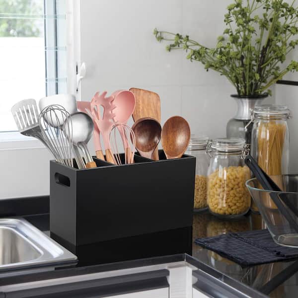 Black Wooden Utensils Holder Organizer with 3-Compartments for Countertop, Utensil Caddy with Removable Divider