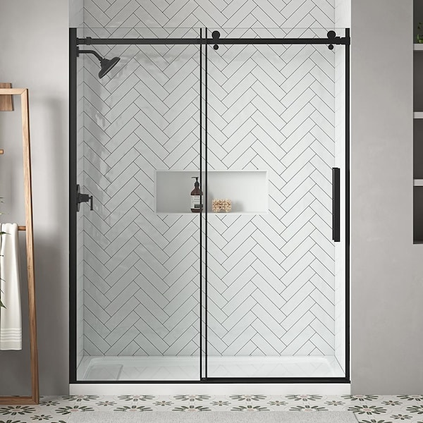 Home Decorators Collection Waverly 60 in. W x 75.98 in. H Sliding Frameless Shower Door in Matte Black Finish with Clear Glass