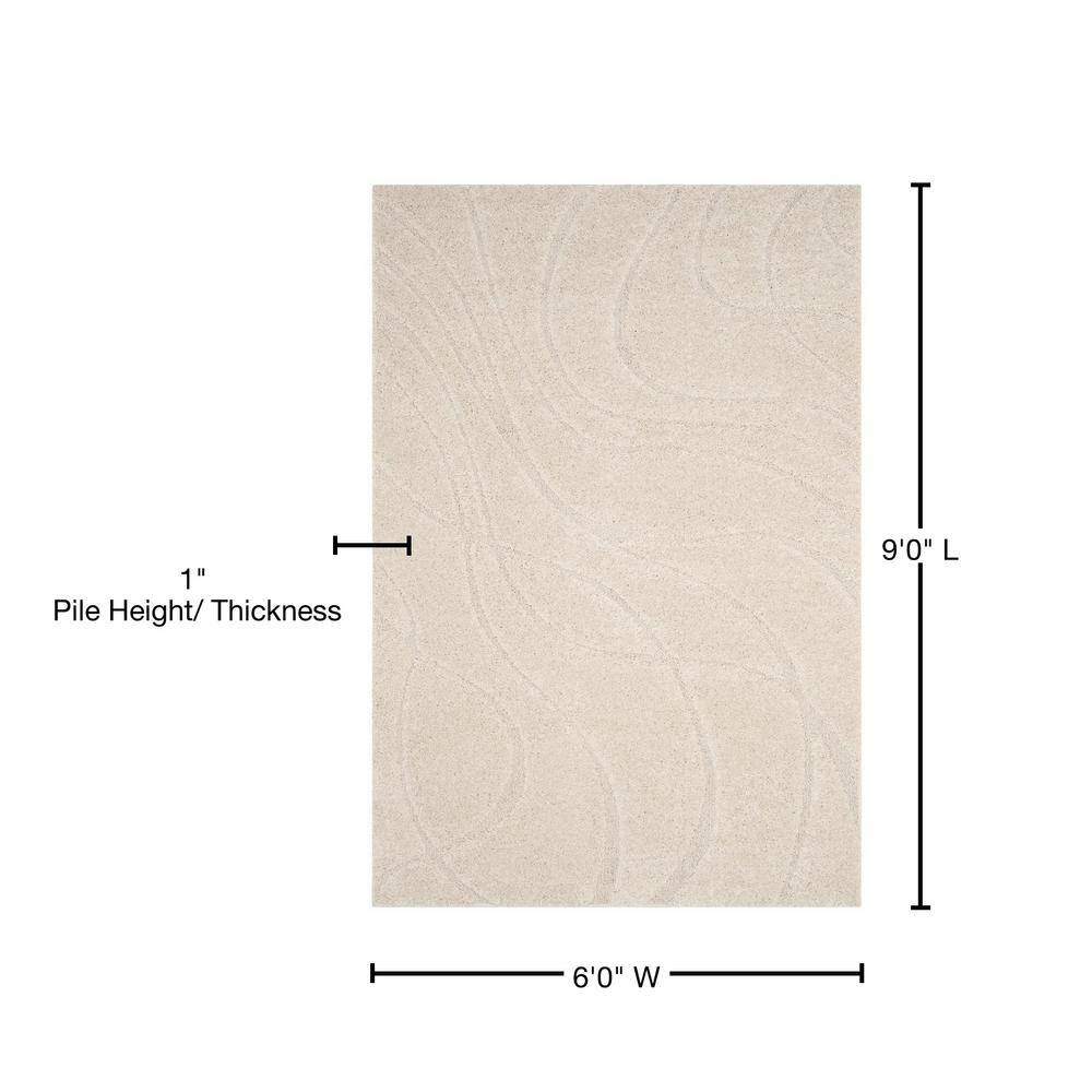 Cream Beige Rectangular Shag 6' x 9' Synthetic Rug