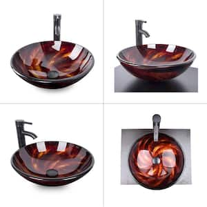 Glass Round Vessel Sink in Red with Hand-Painted Pattern