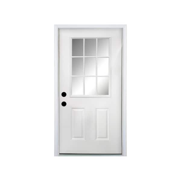36 in. x 80 in. 2 Panel Left-Hand 9 Lite Clear Glass White Primed Fiberglass Prehung Front Door with Threshold, Hinge