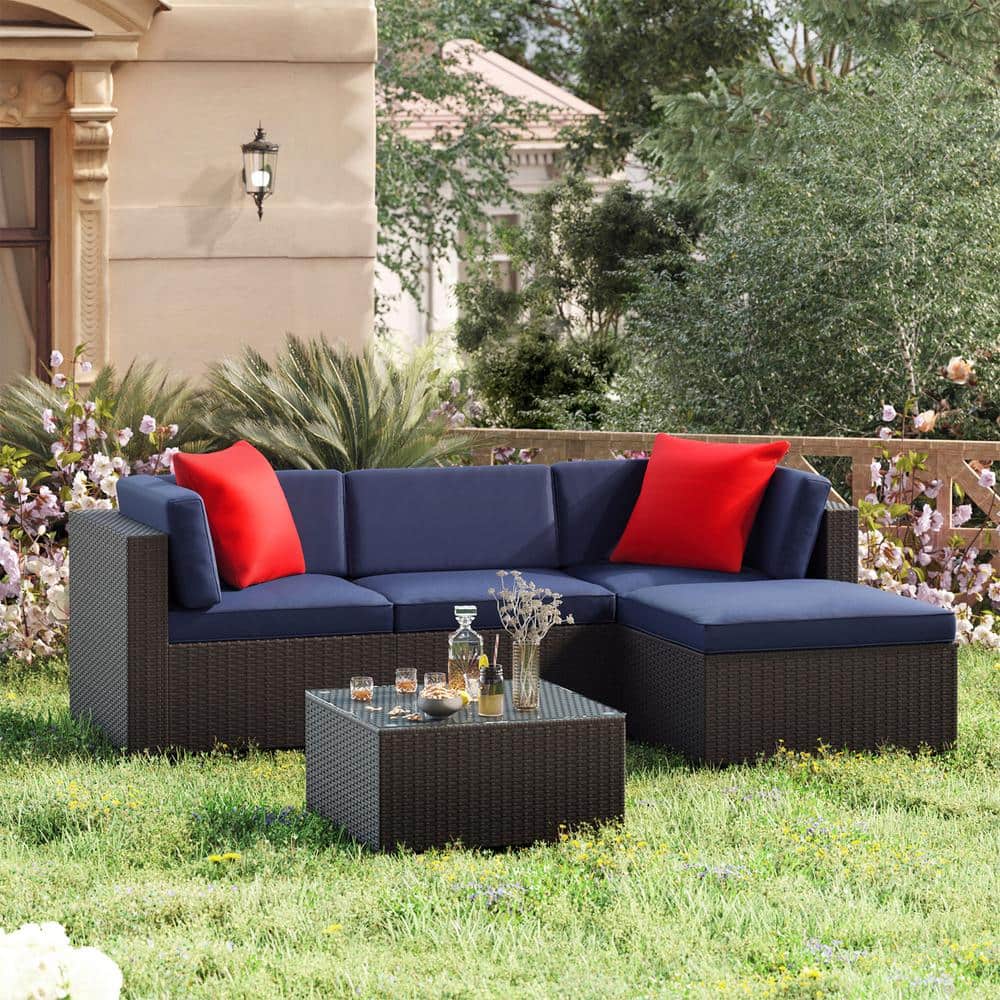 Foredawn 5Piece Wicker Outdoor Small Patio Conversation Set with Blue