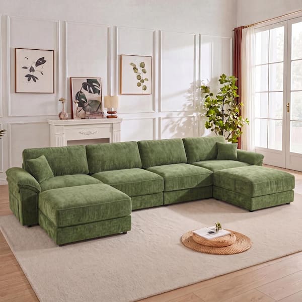 150" Modular Sectional Sofa,Oversized U-Shaped Cloud Couch with Movable Ottoman, Chenille Sofa,Extra-Thick Seat SZHD-LXY-S73-GN-U