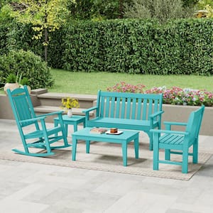 Laguna Outdoor Patio HDPE All Weather Fade Resistant 5-Piece Bench and Rocking Chair Conversation Set in Turquoise