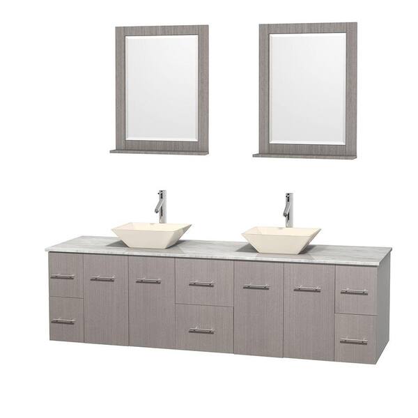 Wyndham Collection Centra 80 in. Double Vanity in Gray Oak with Marble Vanity Top in Carrara White, Bone Porcelain Sinks and 24 in. Mirror