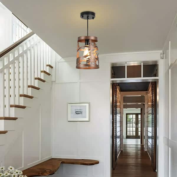 1-Light Bronze Ambient Rustic Pendant Light with Metal Cutout Shades for Entryway, Foyer and Staircase