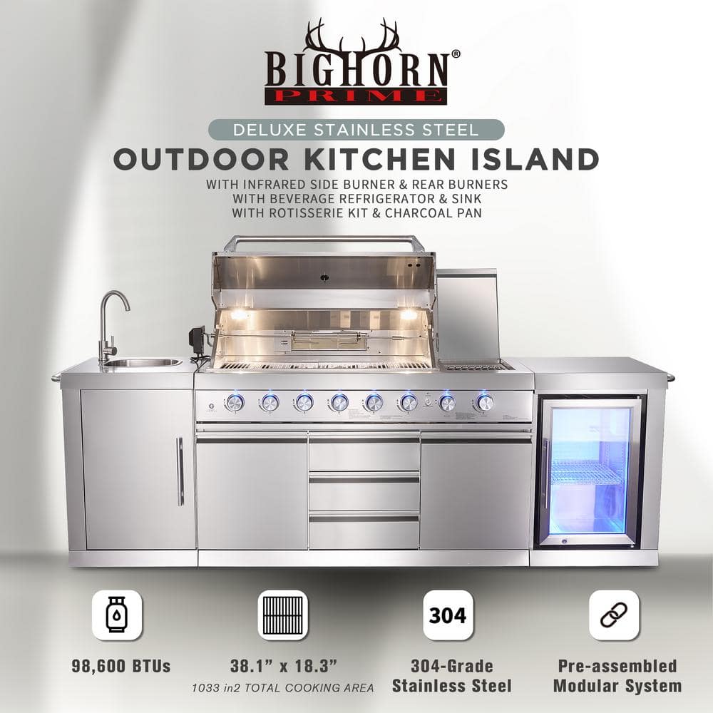 BIG HORN 6 Burner Propane Gas Grill Island with Rotisserie and