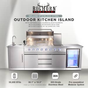 6-Burner Propane Gas Grill Island with Rotisserie and Outdoor Rated Refrigerator and Sink in Stainless Steel