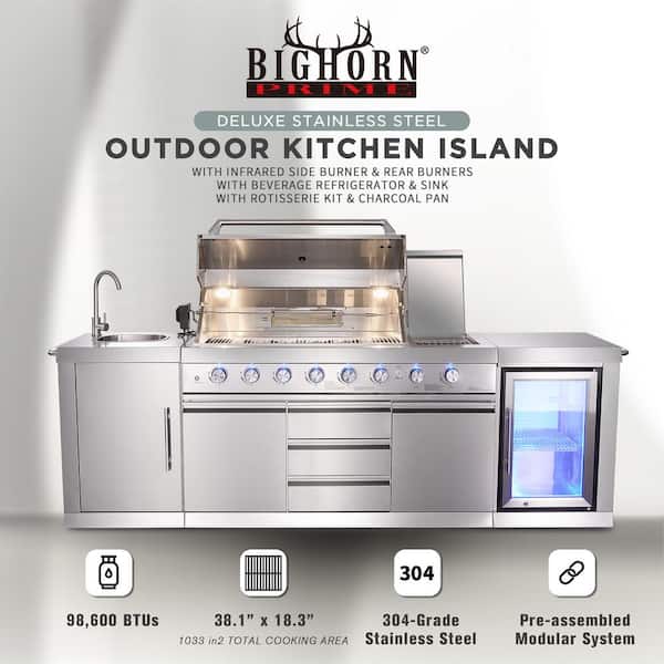 BIG HORN 6-Burner Propane Gas Grill Island with Rotisserie and Outdoor Rated Refrigerator and Sink in Stainless Steel