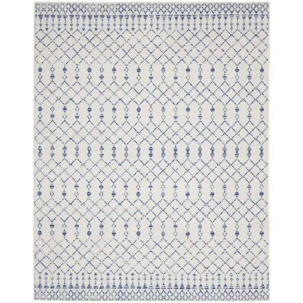 8 ft. x 10 ft. Ivory and Blue Geometric Distressed Non Skid Area Rug