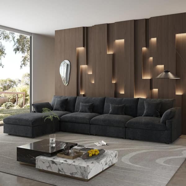 156 in. Square Arm 5-piece Linen Modular Sectional Sofa in. Black with Ottoman, Living Room Couch, Customizable Design