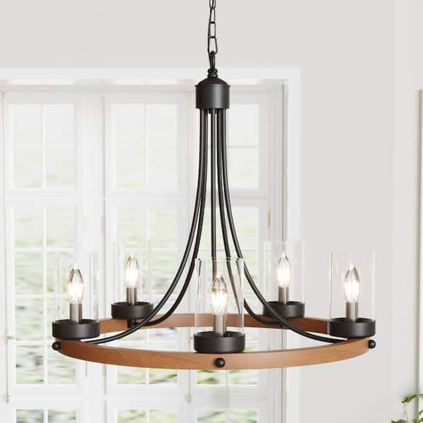 5-Light 25 in. Wood Farmhouse Wagon Wheel Dimmable Chandeliers Dining Kitchen Ceiling Lights Foyer Bedroom Lighting