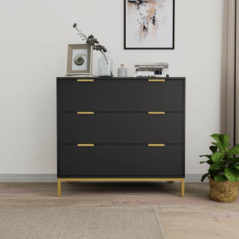 Black and Gold 3-Drawer Mid-Century Modern Chest