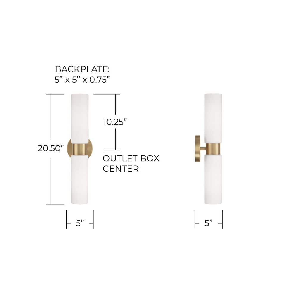 Aged Brass and White Glass Dual Cylinder Wall Sconce