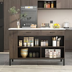 Marble Wood Grain Top 55.1 in.. W Kitchen Island D in. in.g Bar Table in. Dark Brown With Shelves, 2-Drawers