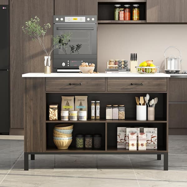 Marble Wood Grain Top 55.1 in.. W Kitchen Island D in. in.g Bar Table in. Dark Brown With Shelves, 2-Drawers