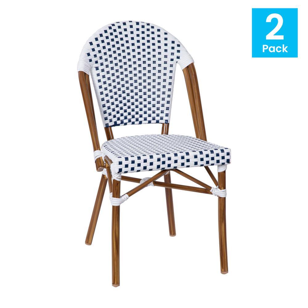 White and Navy Checkered PE Rattan Armless Side Chairs