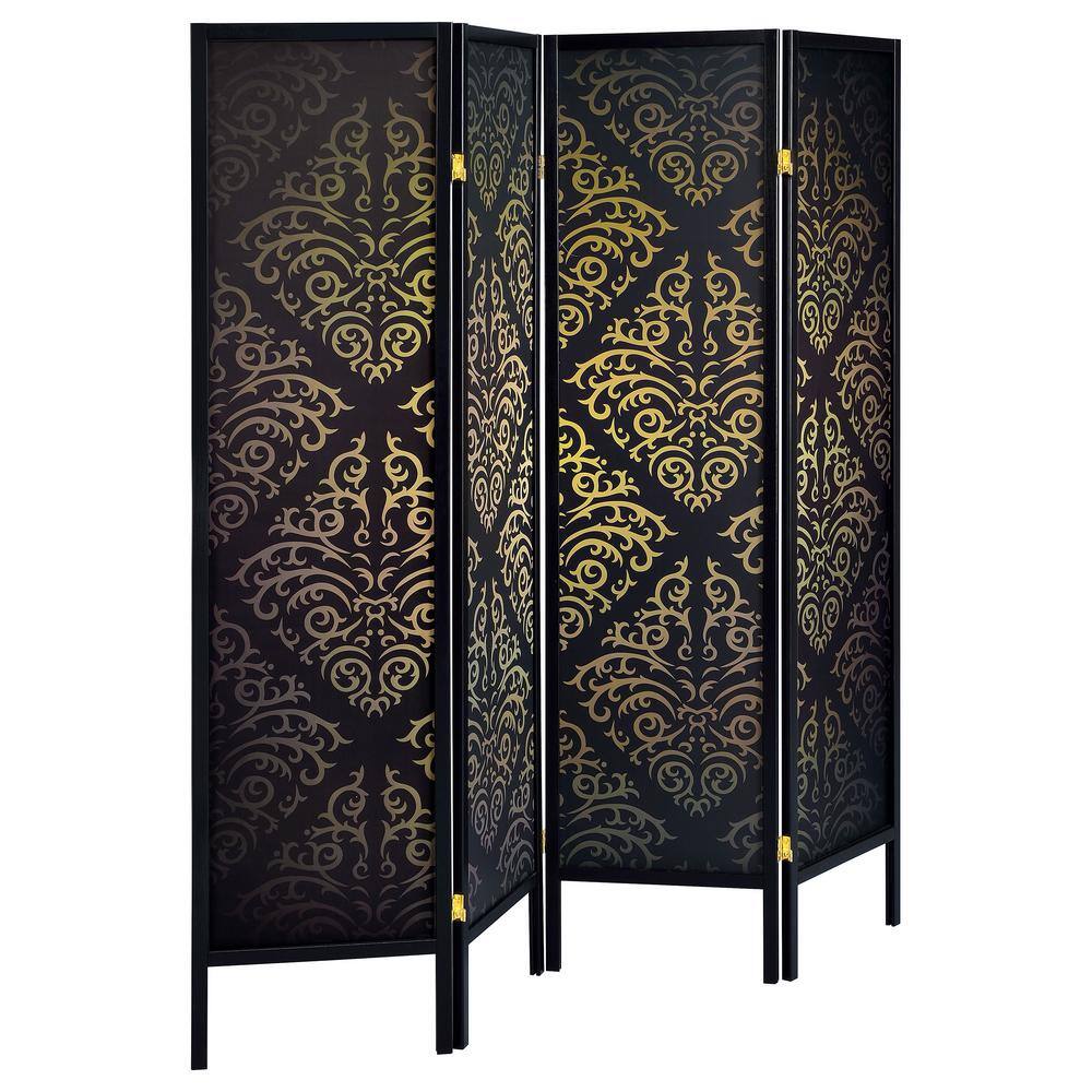 Elegant Black and Gold Damask 4-Panel Folding Screen